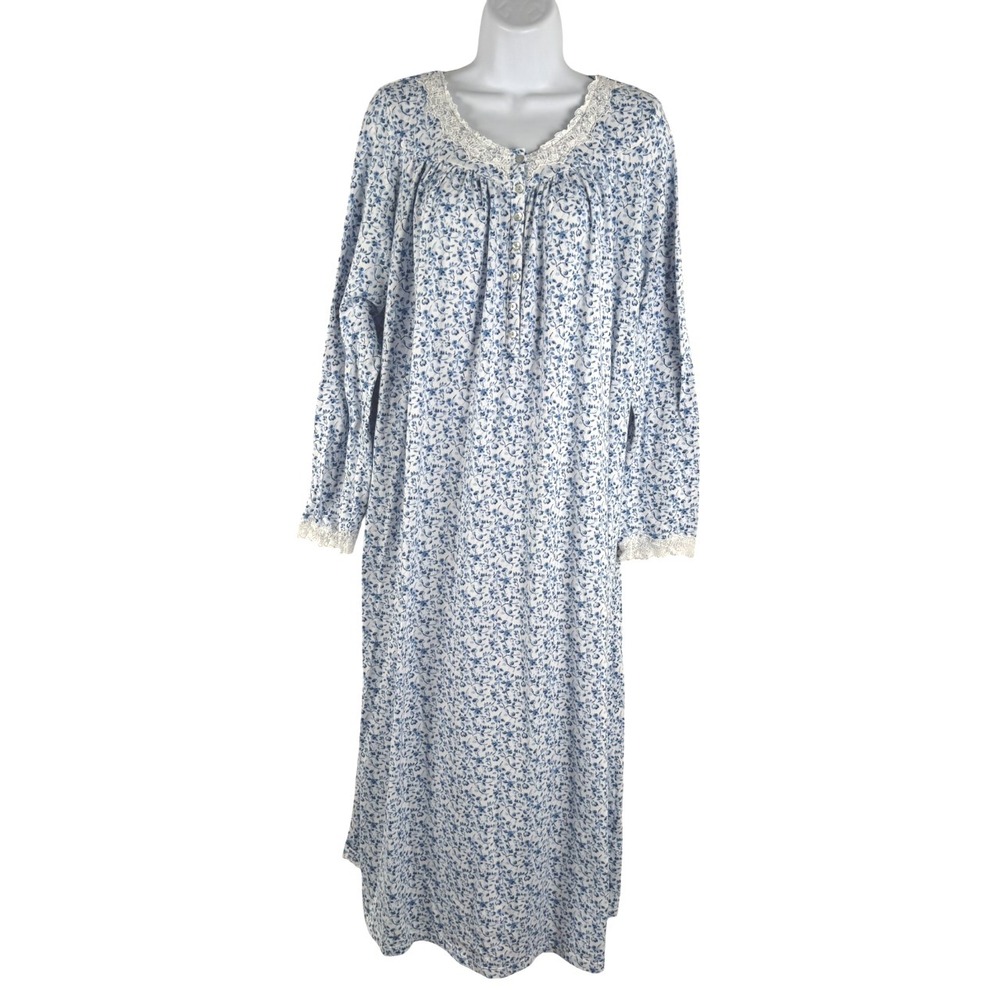 Eileen West Nightgown Medium Floral White Blue Lace Long Sleeve Sleep DR-1869